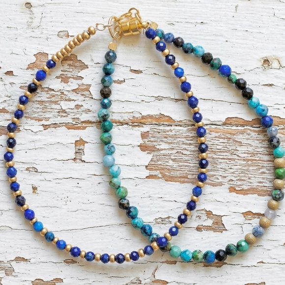 Handmade Jewelry - Set of 2 Bracelets w/ Lapis Lazuli & Turquoise, Matte Gold & Gold filled beads